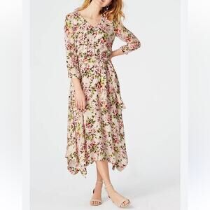 J.Jill Pebble Hydrangea floral printed belted midi dress asymmetrical hem Med